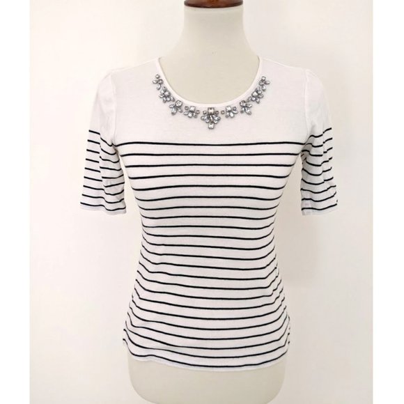 Ann Taylor Striped Top Jeweled Neckline - Picture 1 of 5